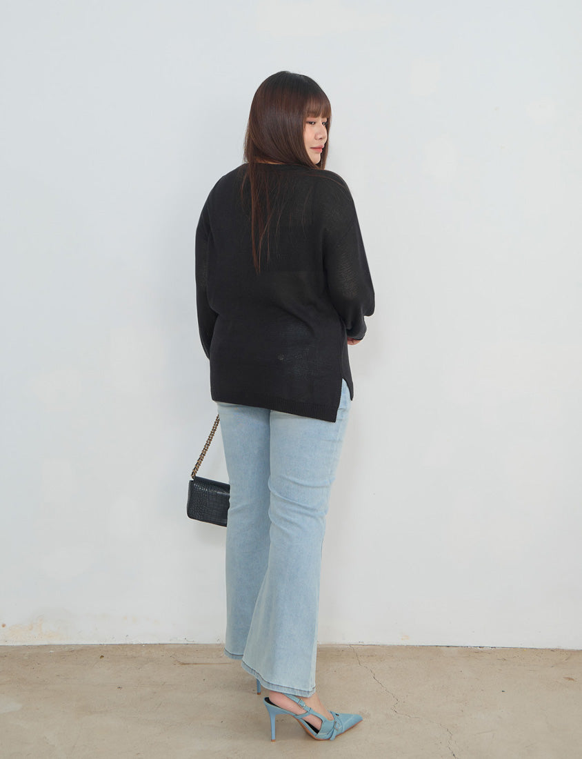 MISS. Korean Sheer Knit Plus Size Long Sleeve Top (with Waist Tie)