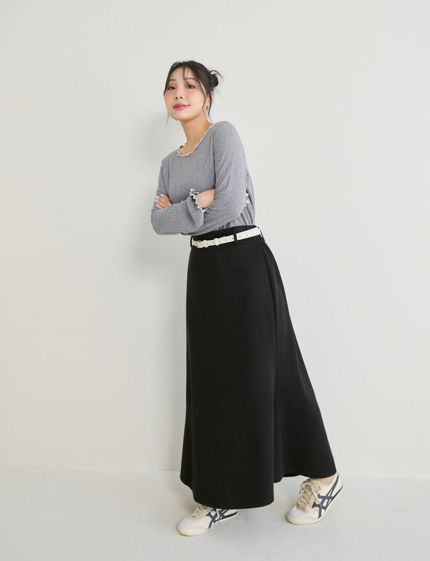 Contrast Lettuce-Edge Jacquard Plus Size Long Sleeve Top