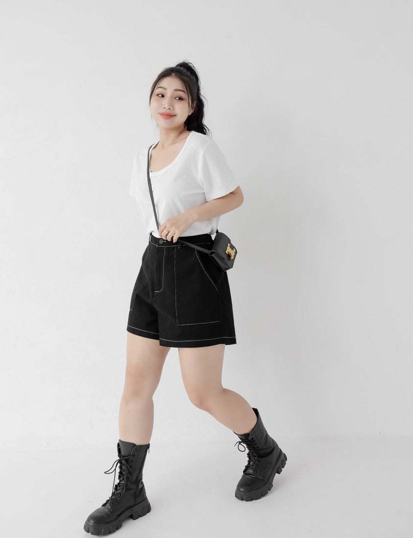 Twill Contrast Stitch High Waist Plus Size Shorts