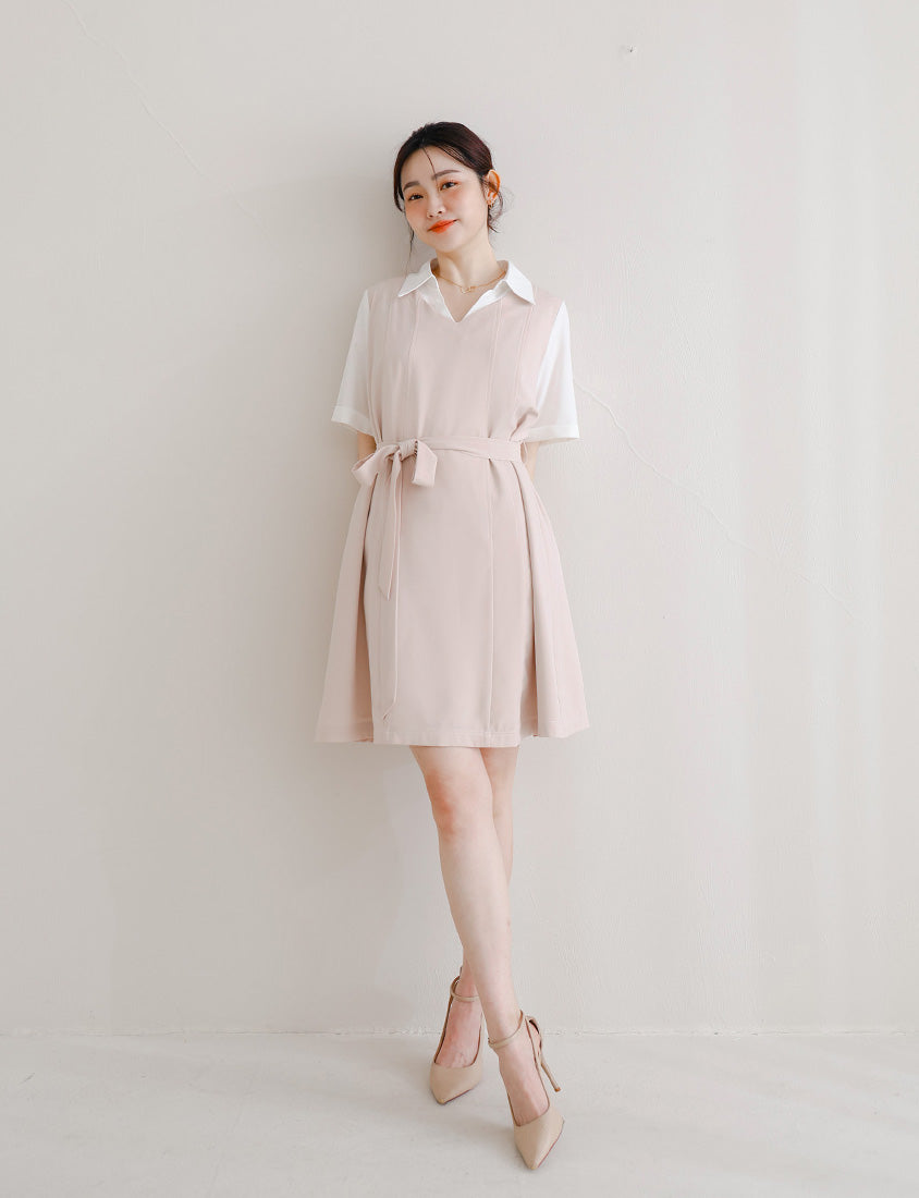 MISS. Faux Two-Piece Color-Block Stitching Plus Size Mini Dress (With Belt)