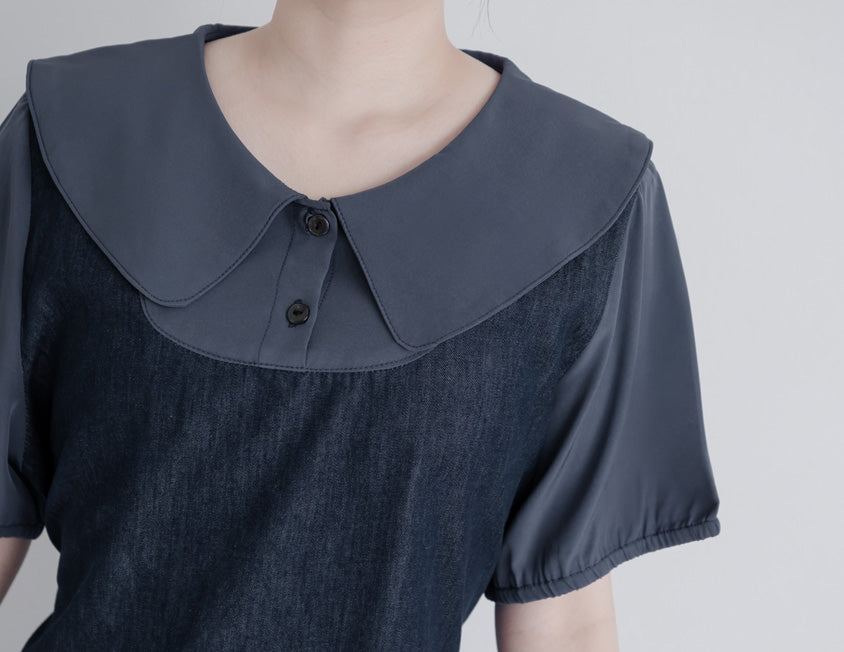 Faux Two-Piece Denim Collar Waist-Tie Plus Size Dress