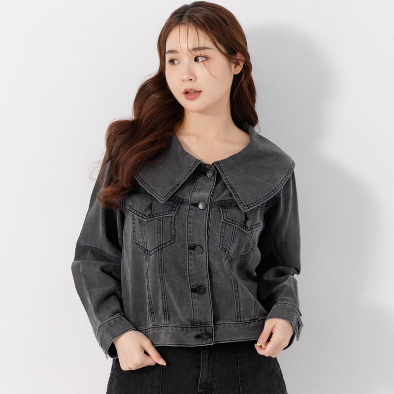 Korean Style Statement Collar Button-Down Plus Size Denim Jacket