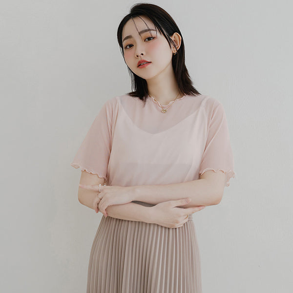 MISS. Sheer Wavy Edge Korean Style Plus Size Short Sleeve Top