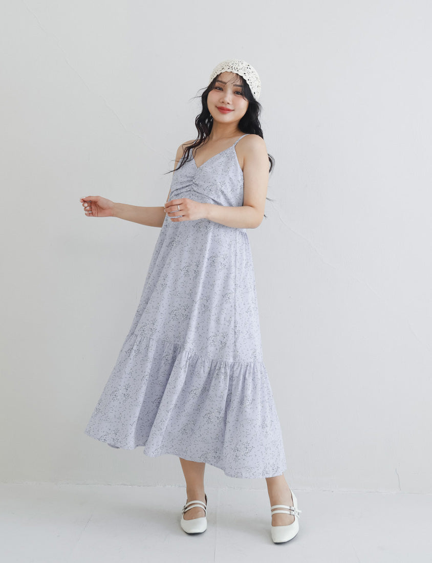 Ruched Floral Flared Hem Plus Size Cami Strap Dress