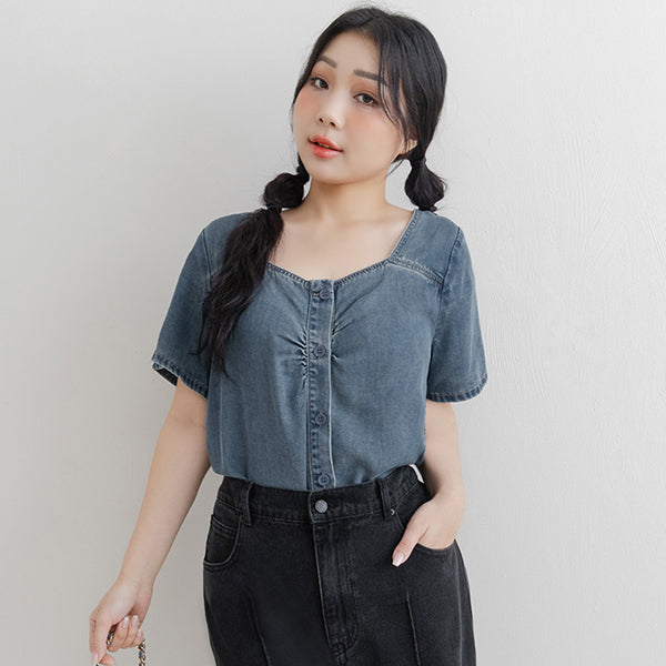 Front Ruched Button-Up Plus Size Denim Top