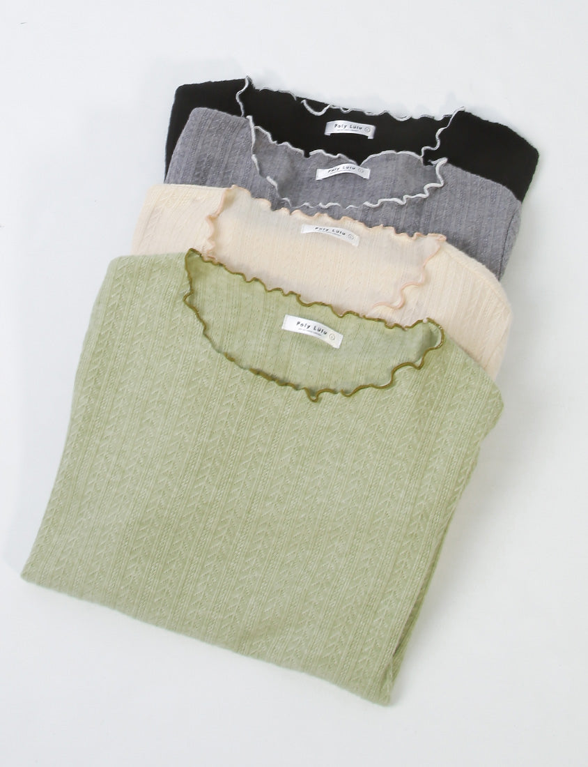 Contrast Lettuce-Edge Jacquard Plus Size Long Sleeve Top