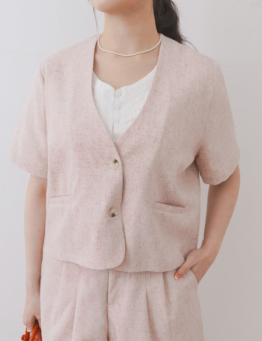 MISS. Wrinkle-Resistant Soft Linen Collarless Blazer Plus Size Jacket