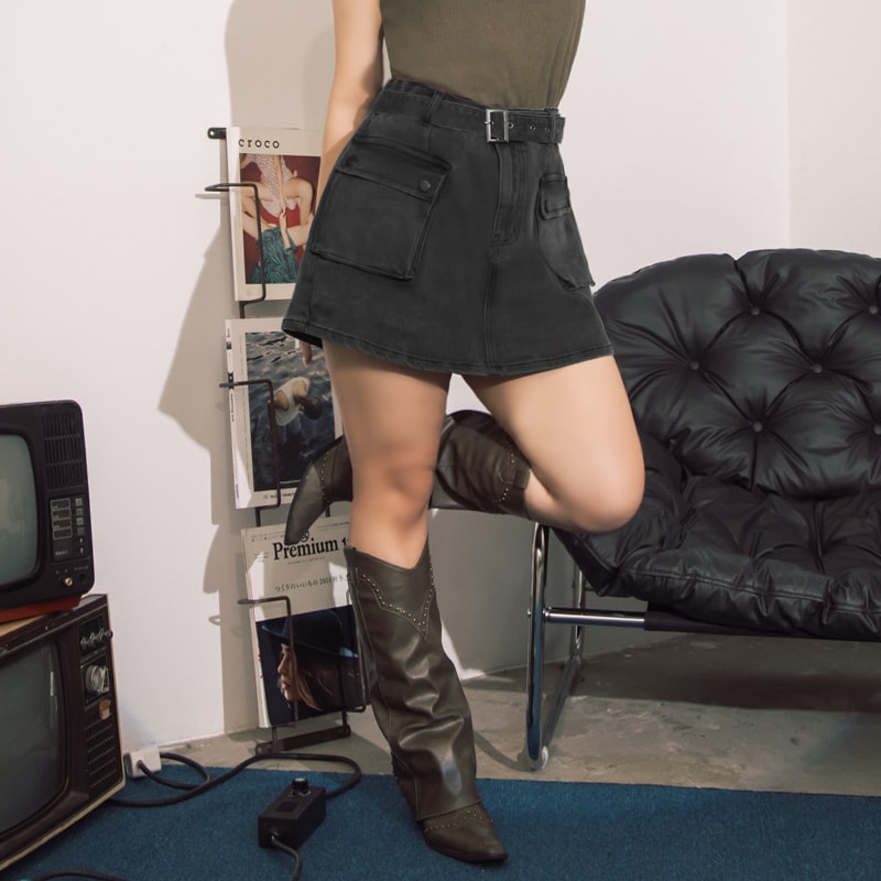 MUA! Washed Denim Plus Size Utility Skort with Belt