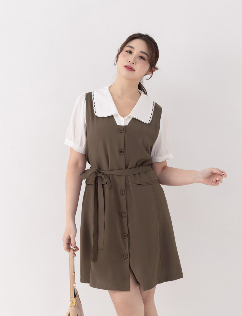 MISS. Elegant Lace Collar Plus Size Puff Sleeve Dress (With Waist Tie)