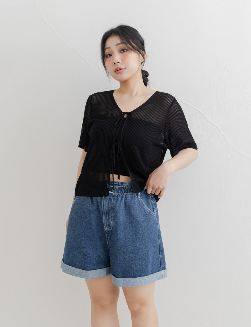 Front Tie Sheer Hollow Plus Size Knit Cardigan