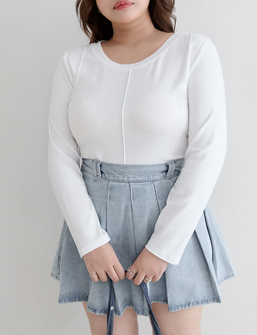 Crewneck 3D Pleated Plus Size Long Sleeve Tee