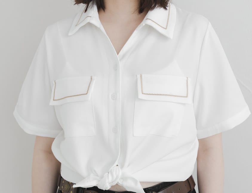 Color-Block Embroidered Pocket Plus-Size Short Sleeve Shirt