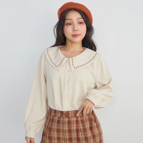 Contrast Embroidered Oversized Collar Plus Size Long Sleeve Shirt