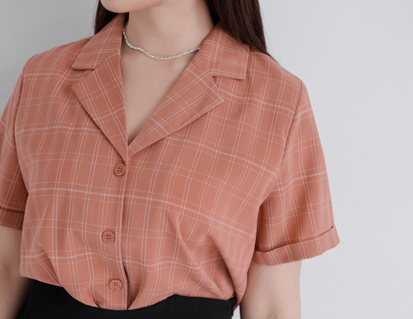 MISS. Cuban Collar Plaid Cuffed Plus Size Short Sleeve Shirt
