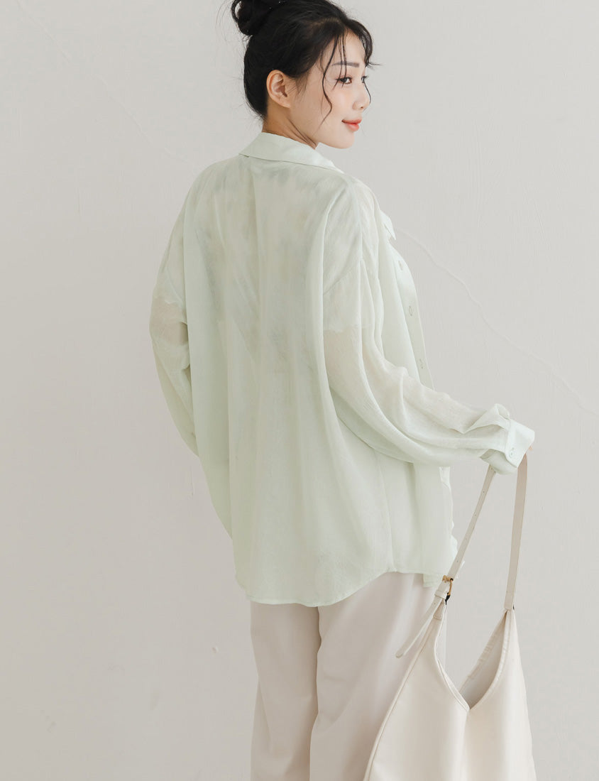 Flowy Crinkled Sheer Plus Size Blouse (With Tie)