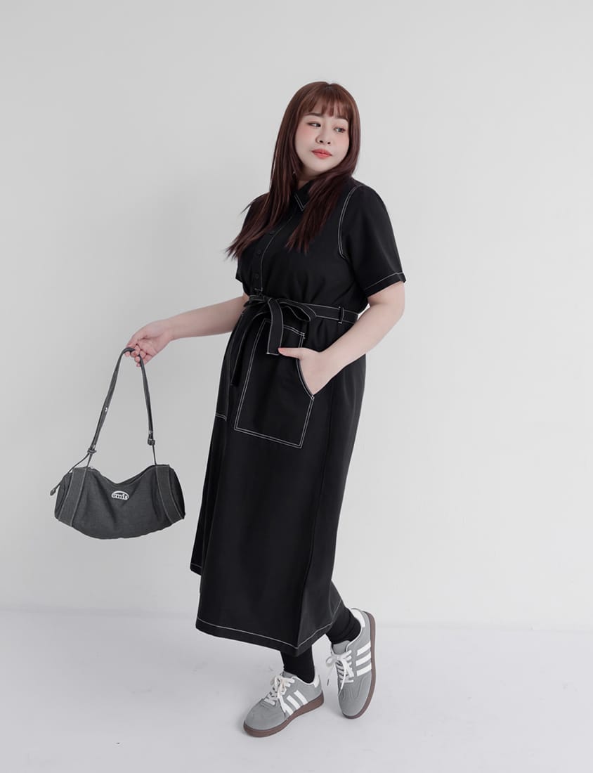 Color-Block Stitching Collar Twill Plus Size Maxi Dress (with Waist Tie)