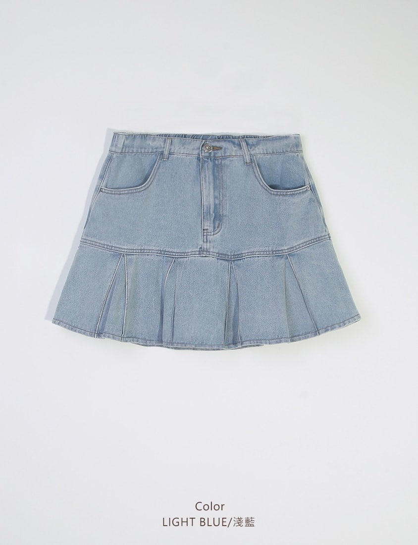 Vintage Washed Pleated Plus Size Denim Skort (With Pants)