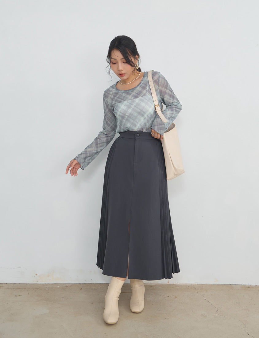 MISS. Vintage Sheer Checkered Plus Size Long Sleeve Top