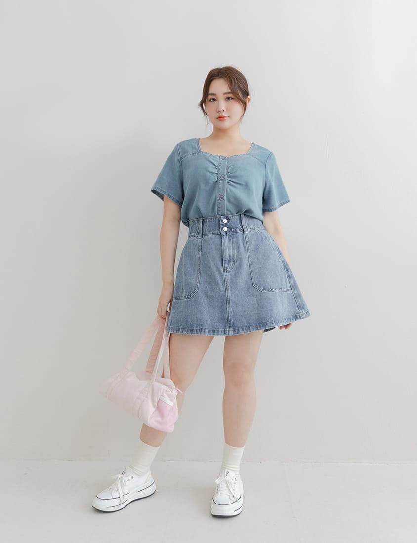 Waist-Cinching A-Line Plus Size Denim Skirt (With Shorts)