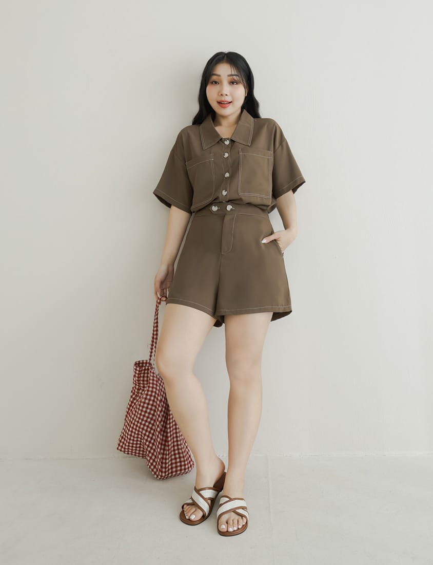 Color-Block Stitching Waistband Twill Plus Size Shorts