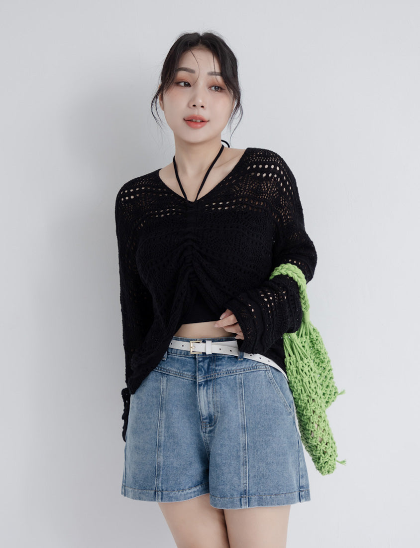 Two-Way Front-Tie Drawstring Plus Size Knit Top