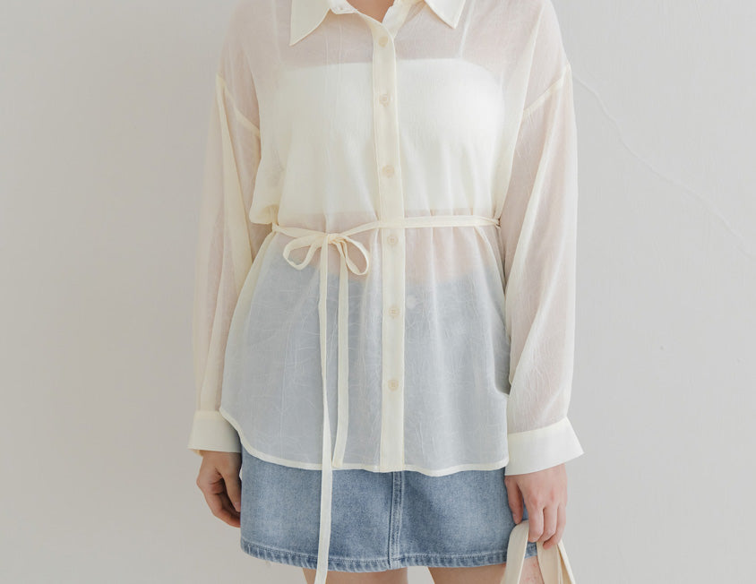 Flowy Crinkled Sheer Plus Size Blouse (With Tie)