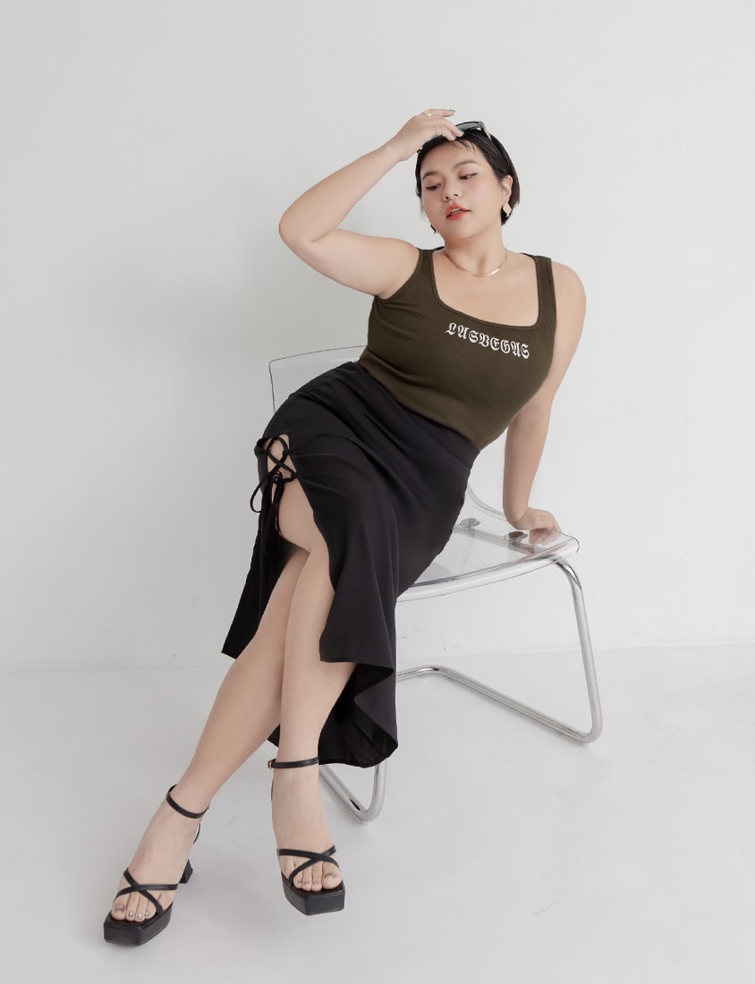 MUA! Hot Side Tie Elastic Back Waist Plus Size Maxi Skirt (with Belt)