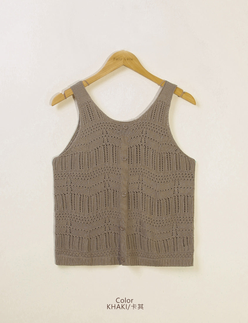 Floral Mock Button Hollow Plus Size Knit Vest