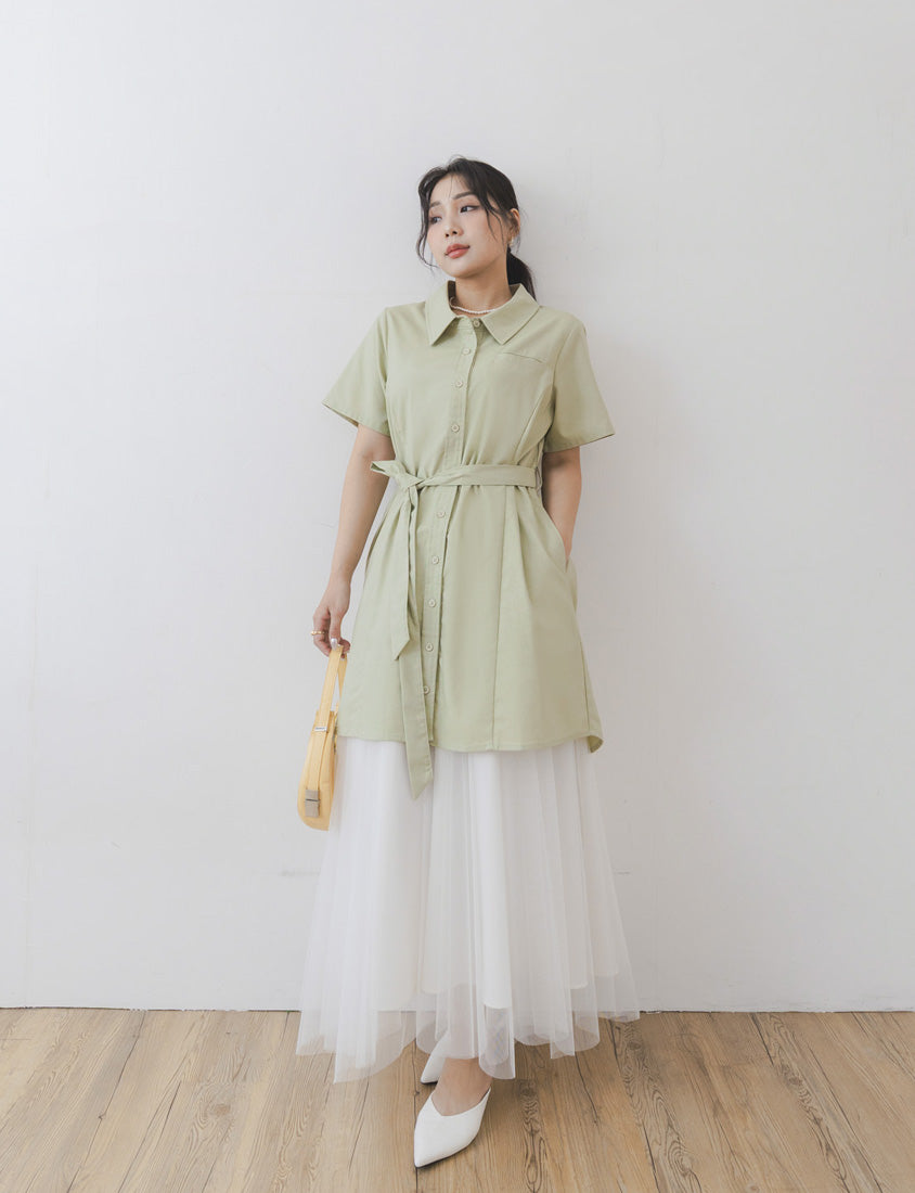 MISS. Korean-Style Button-Front Contrast Stitch Plus Size Dress (with Waist Tie)