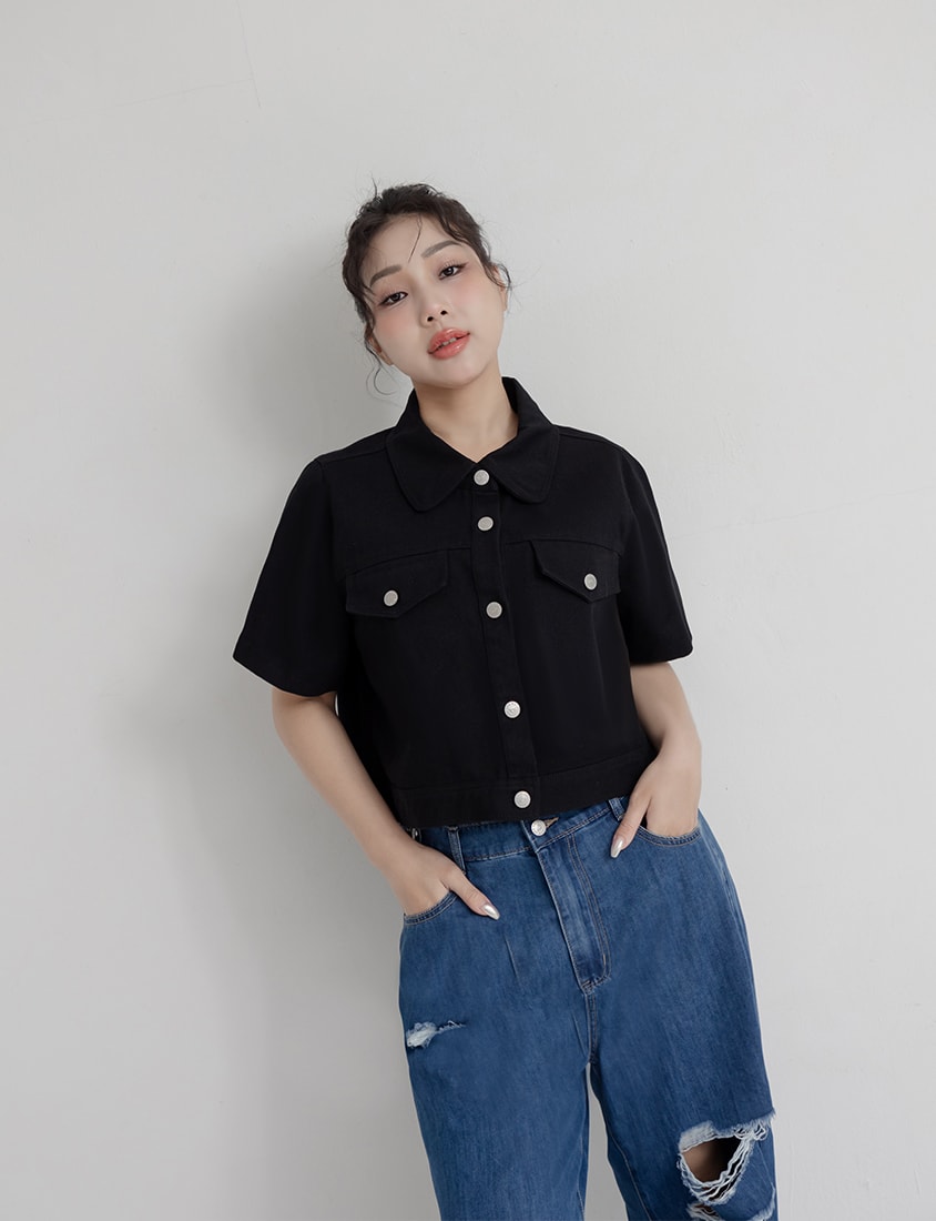 Korean Style Twill Button-Down Plus Size Short Sleeve Jacket