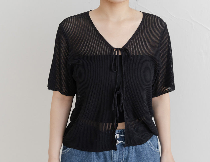 Front Tie Sheer Hollow Plus Size Knit Cardigan