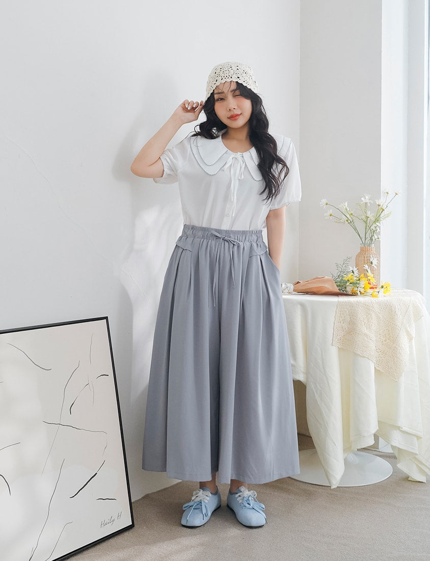 Double Layer Collar Tie Puff Sleeve Plus Size Blouse