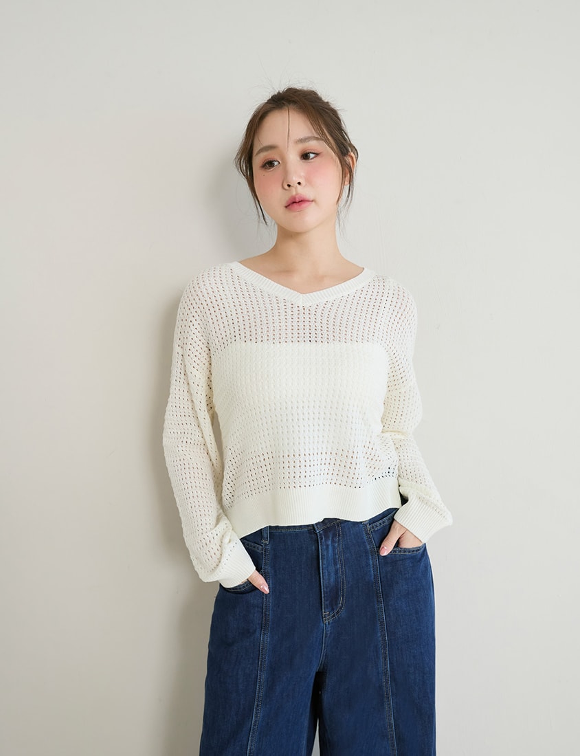 Anti-Pilling V-Neck Eyelet Plus Size Knit Top