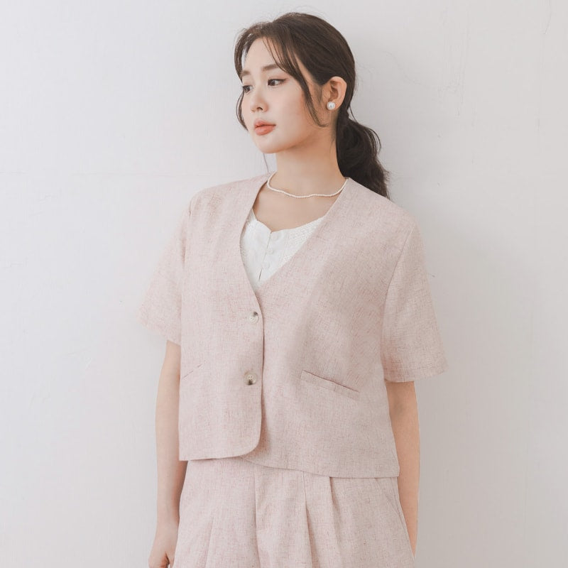 MISS. Wrinkle-Resistant Soft Linen Collarless Blazer Plus Size Jacket