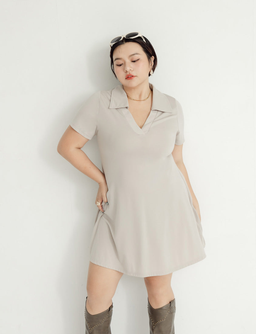 MUA! Chic Notched Collar Twill Plus Size Short Sleeve Dress