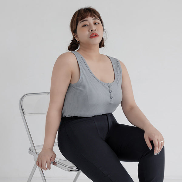 Basic U-Neck Ribbed Button Plus Size Tank Top