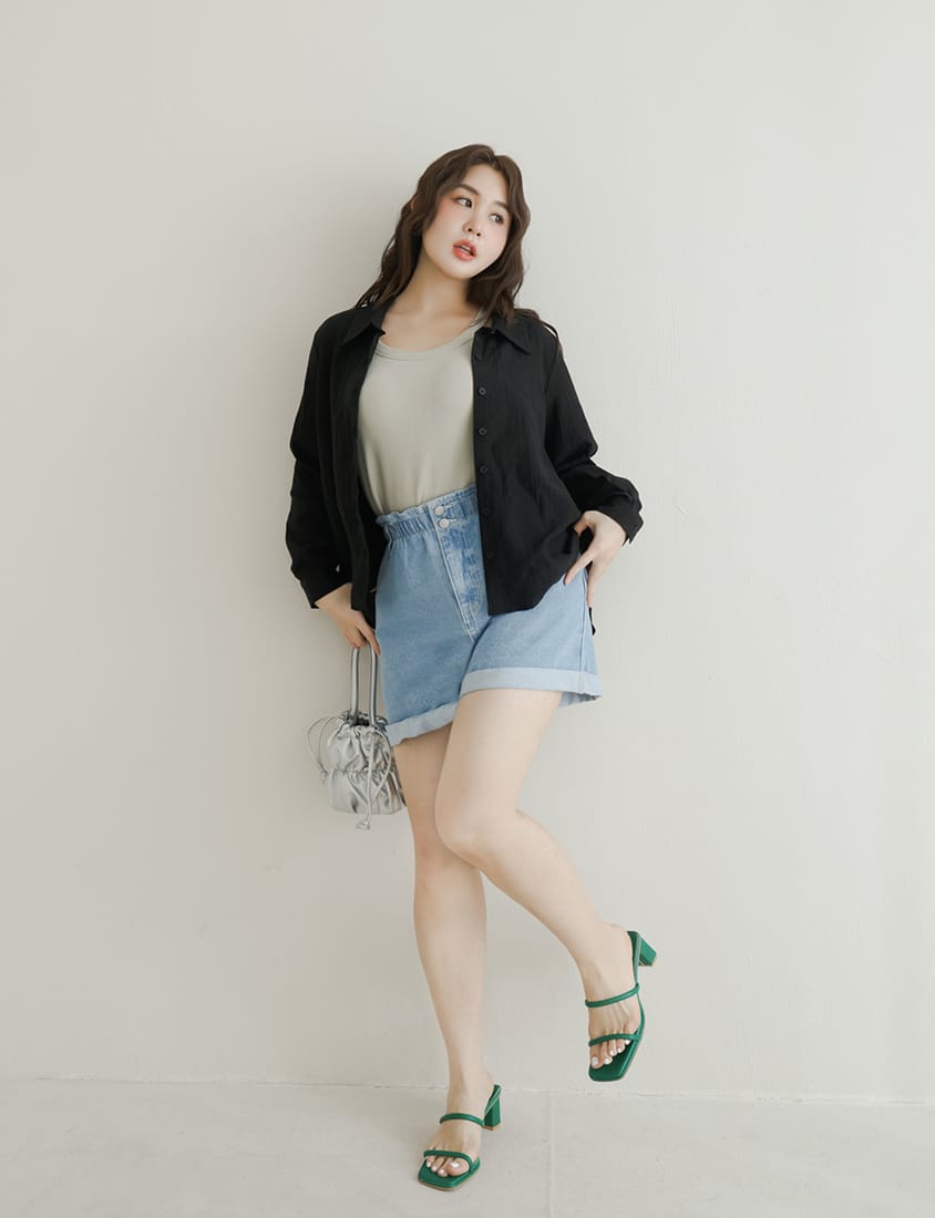 Crinkled Texture Sheer Tie-Back Plus Size Long Sleeve Shirt