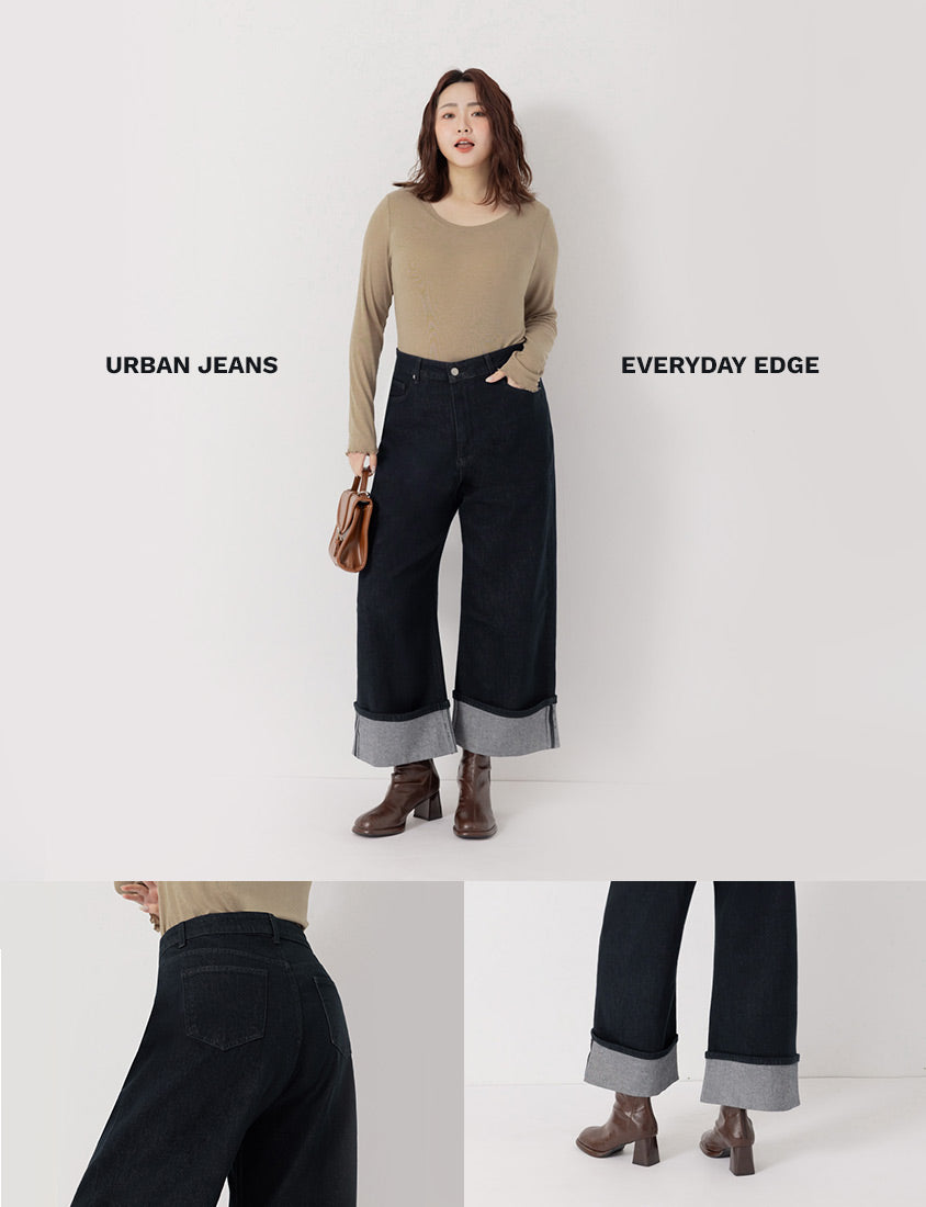 Japanese Style Large Cuffs A-Line Plus Size Denim Wide Leg Pants