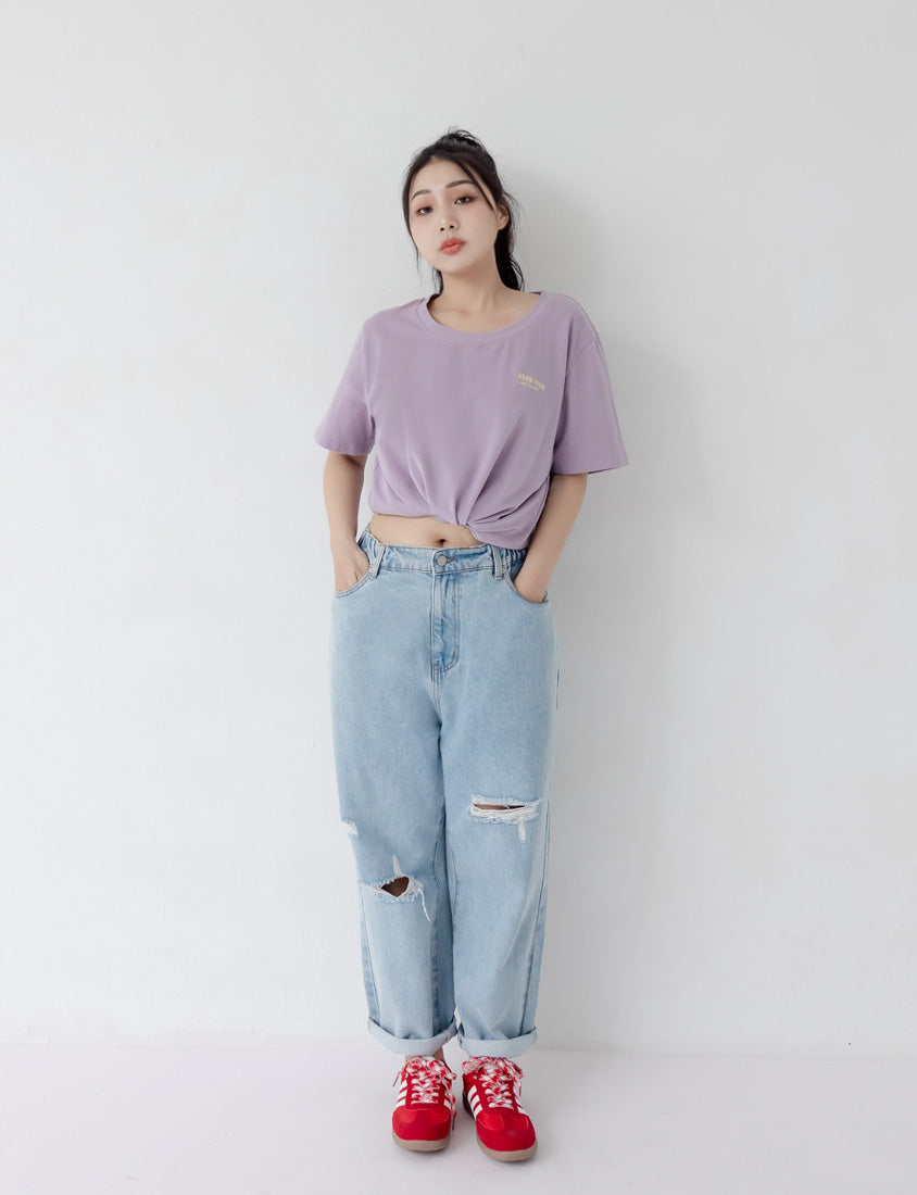 Distressed Side Elastic Waist Plus Size Boyfriend Jeans