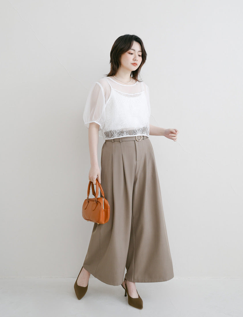 MISS. Sheer Textured Round Neck Puff-Sleeve Plus Size Blouse