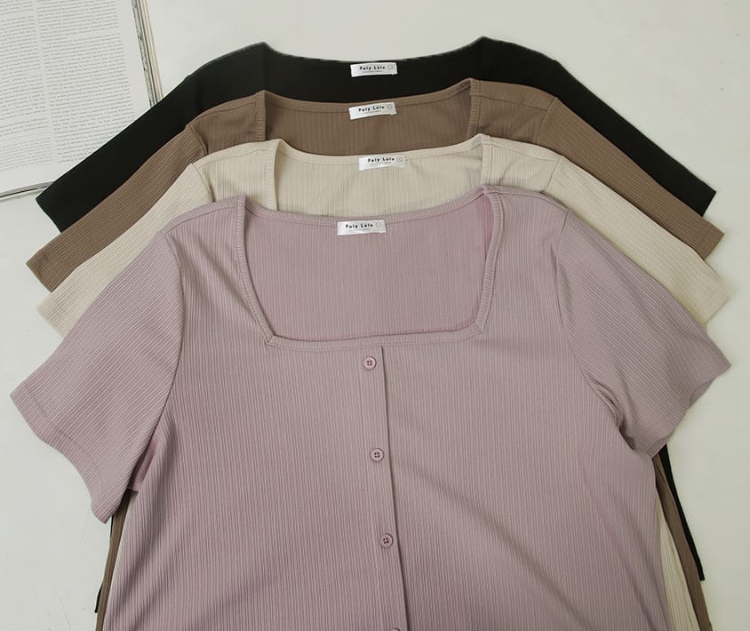 Multi-Color Ribbed Square Neck Faux Button Plus Size Top