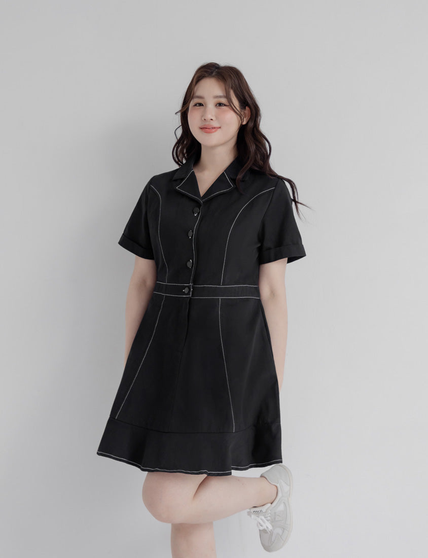 Twill Cuban Collar Cargo Ruffle Hem Plus Size Mini Dress