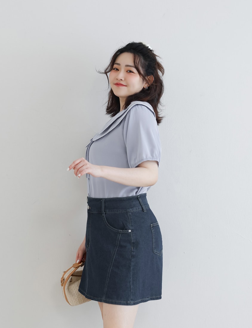 Stitched Waistband Plus Size Denim Skort (With inner pants)