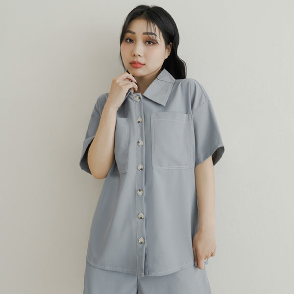 Color-Block Stitched Large Pocket Plus Size Short Sleeve Shirt