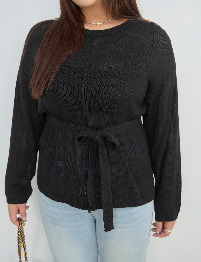 MISS. Korean Sheer Knit Plus Size Long Sleeve Top (with Waist Tie)