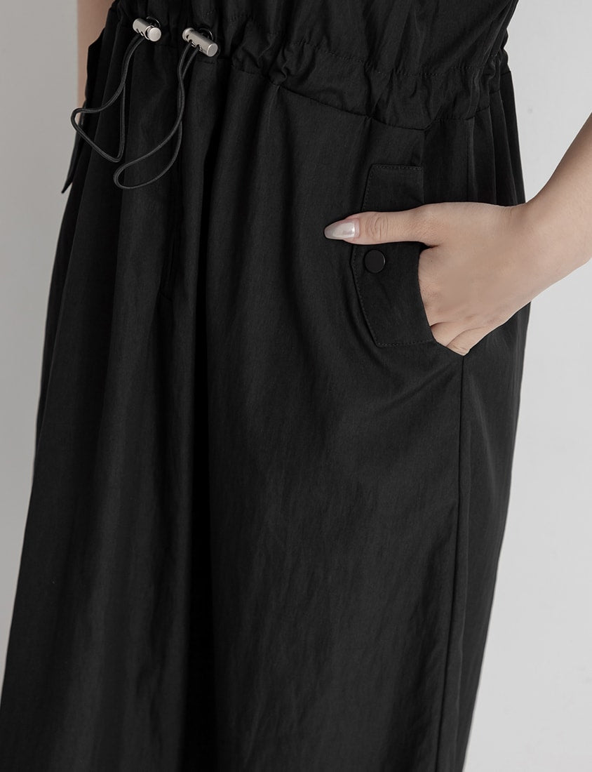 Utility Cargo Pocket Drawstring Cinched Waist Plus Size Maxi Dress
