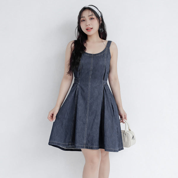Adjustable Back Elastic Waist Plus Size Denim Mini Dress
