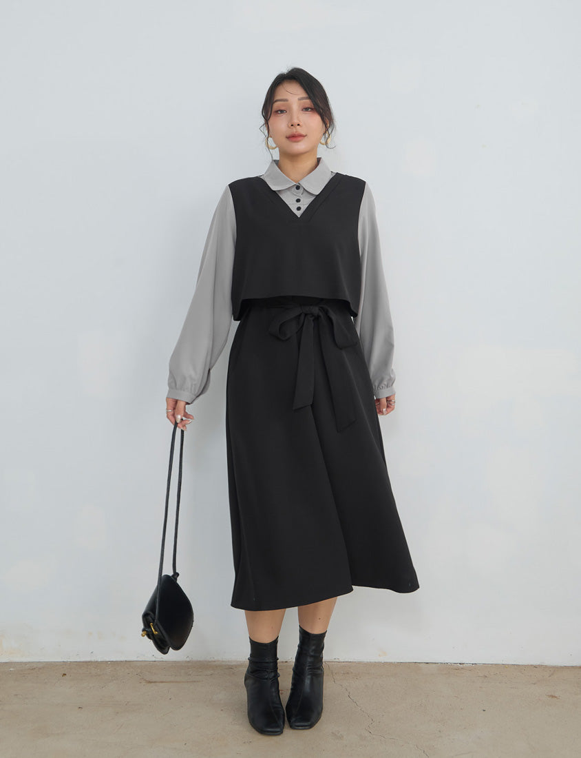 MISS. Contrast Faux Two Piece Waist Tie Plus Size Maxi Dress