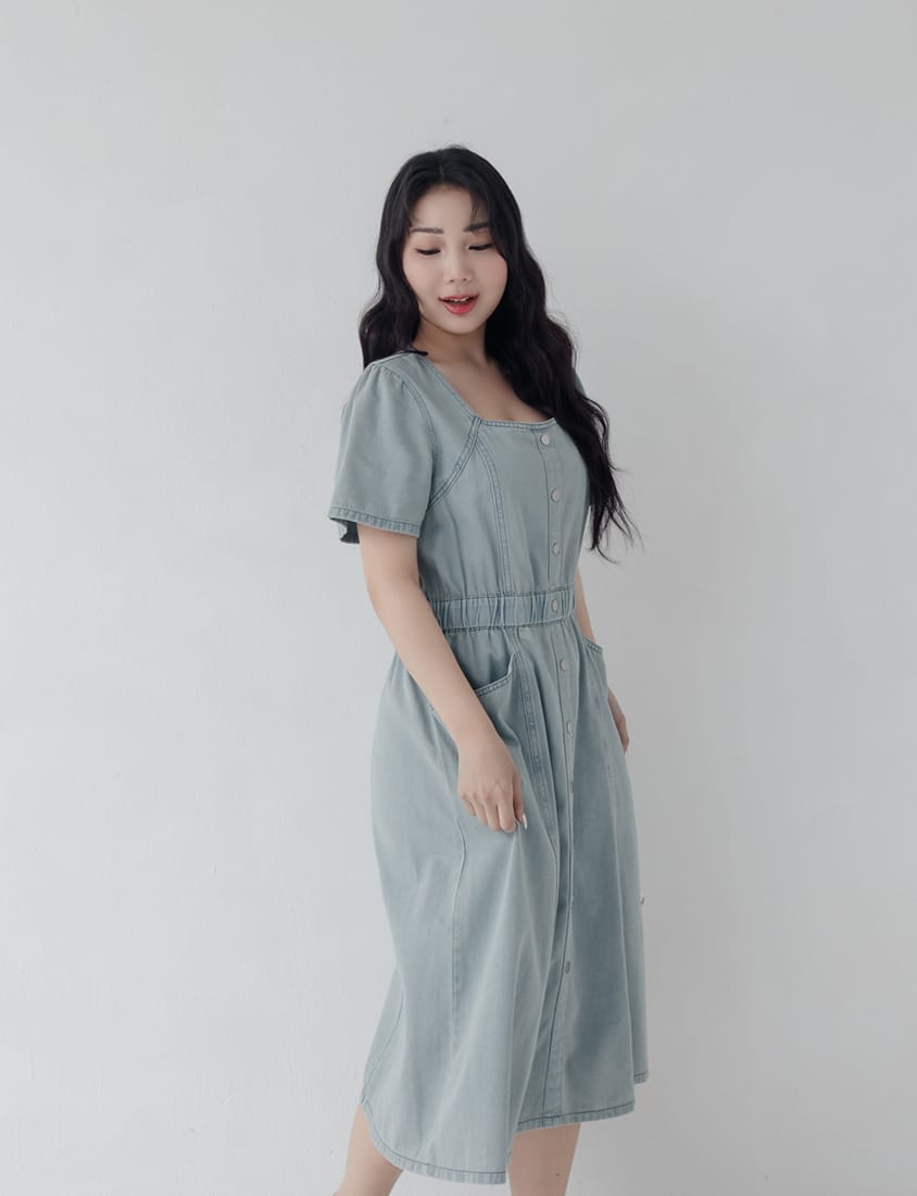 Square Neck Faux Button Elastic Waist Plus Size Denim Maxi Dress