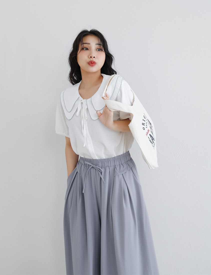 Double Layer Collar Tie Puff Sleeve Plus Size Blouse